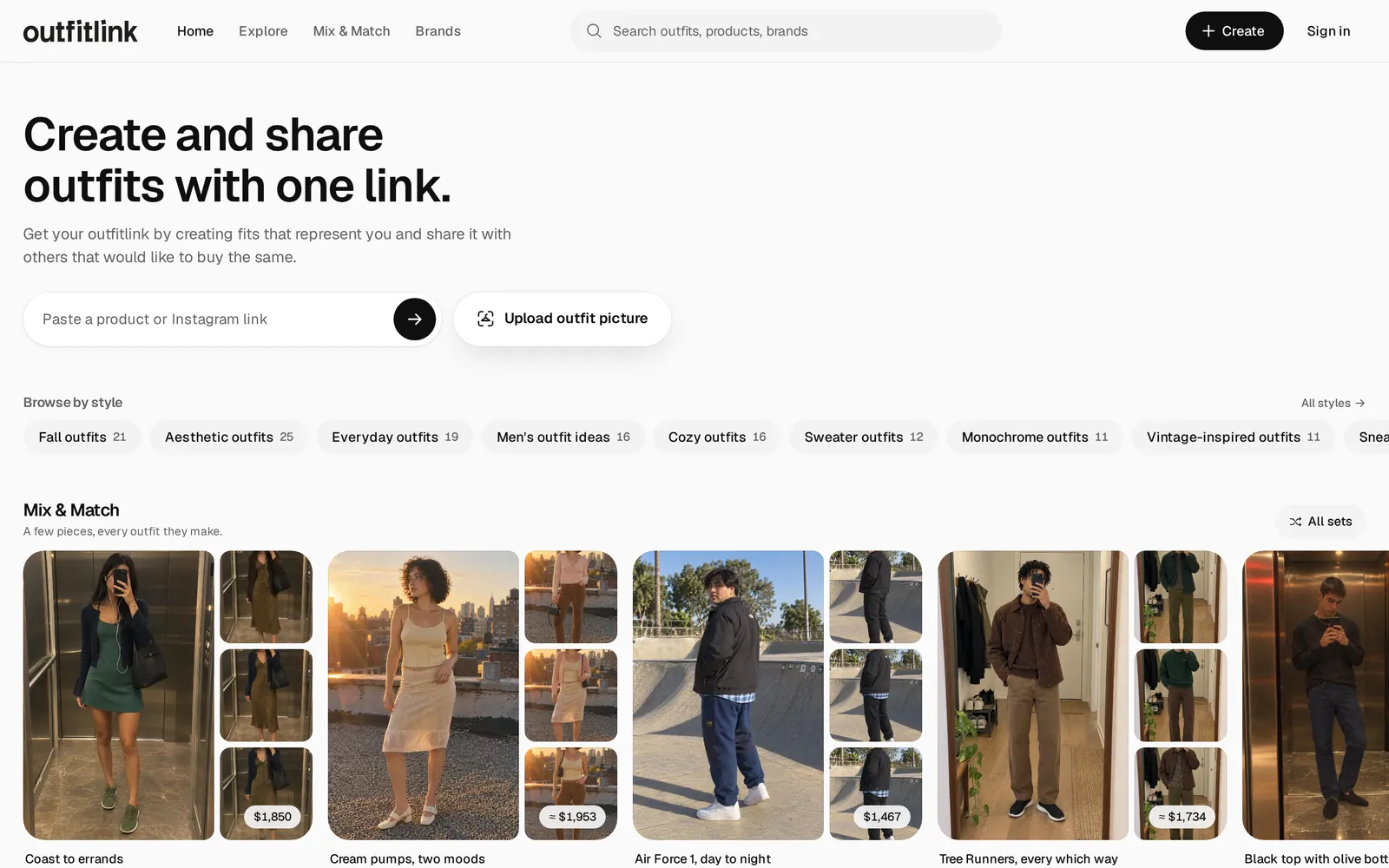Outfitlink home page with the outfit builder and Mix & Match sets