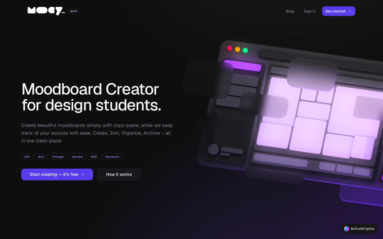 mooody landing page: Moodboard Creator for design students, with a 3D render of the canvas