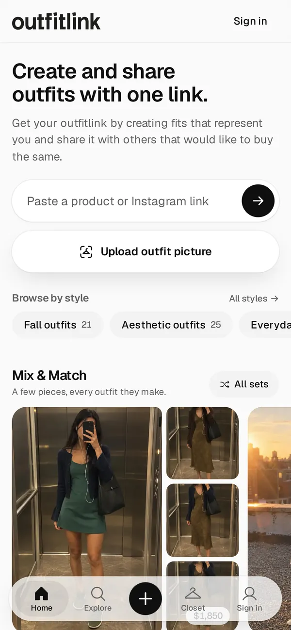 Outfitlink on a phone: paste a product link or upload an outfit picture